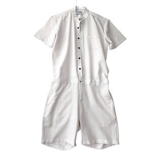 RomperJack Mens Seersucker Romper Muted Pink White Stripe Short Sleeve Size M